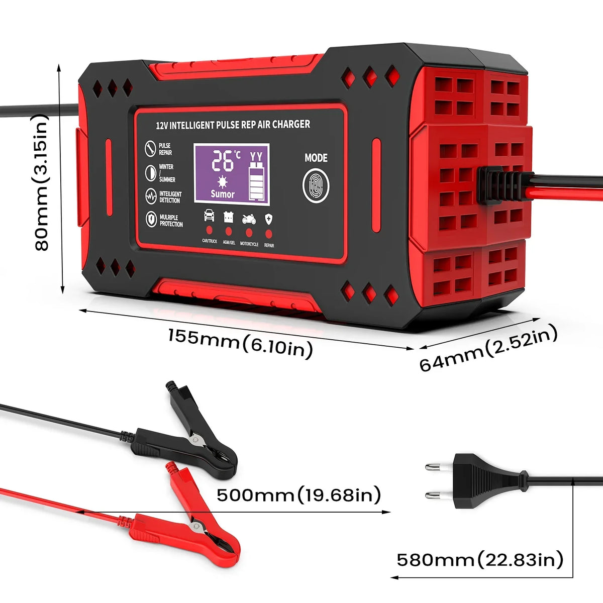 6A 12V Smart Car Battery Charger Lead-Acid Battery Red
